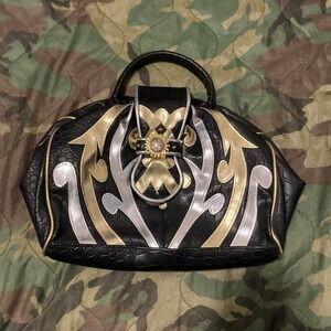 Black croc pattern hand bag silver gold sun accents man made y2k